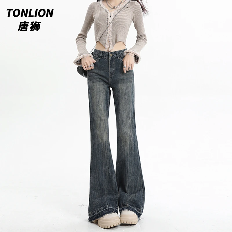 tonlion/唐狮美式复古微喇牛仔裤女新款休闲百搭宽松显瘦拖地裤子