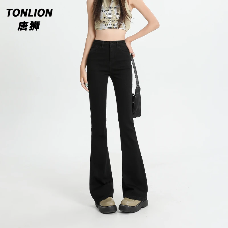tonlion/唐狮黑色高腰牛仔裤女小个子2025新款弹力修身显瘦喇叭裤