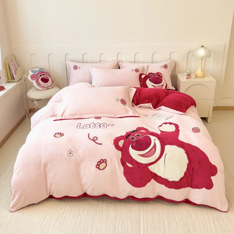 2024新款公主风牛奶绒加厚保暖贴布刺绣卡通四件套