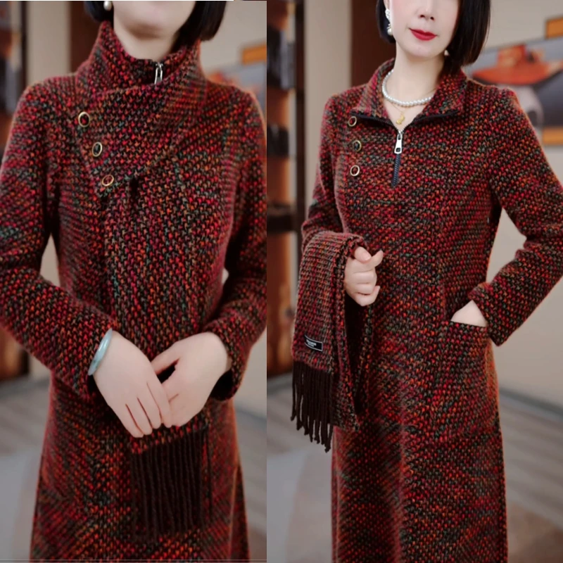 红人上新加厚宽松版遮肉显瘦气质中长连衣裙秋冬时尚洋气HR2031