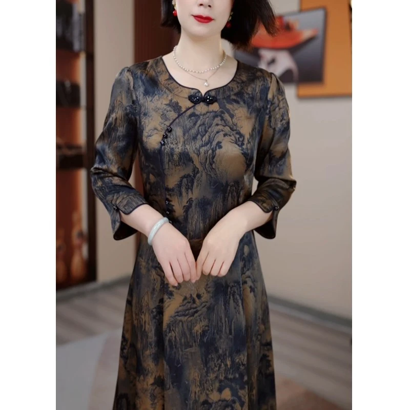 早春新款山水画修身收腰显瘦遮肉气质HR1121复古妈妈装连衣裙