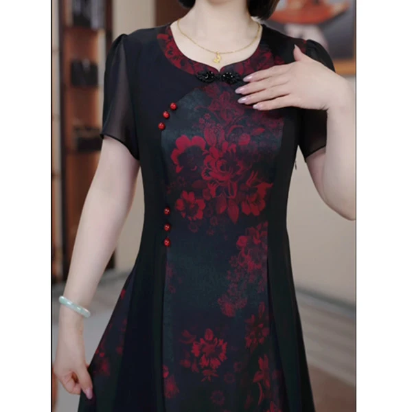 黑红夏季新款遮肉显瘦收腰修身气质连衣裙HR0330中国风优雅