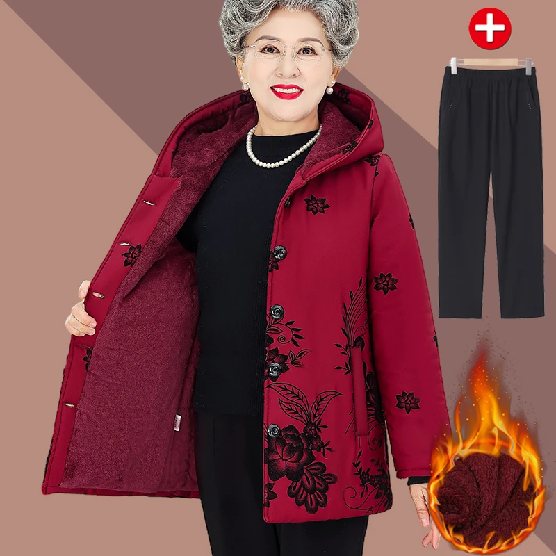 奶奶棉衣加绒加厚中老年人冬装中长款棉服外套女妈妈太太连帽棉袄