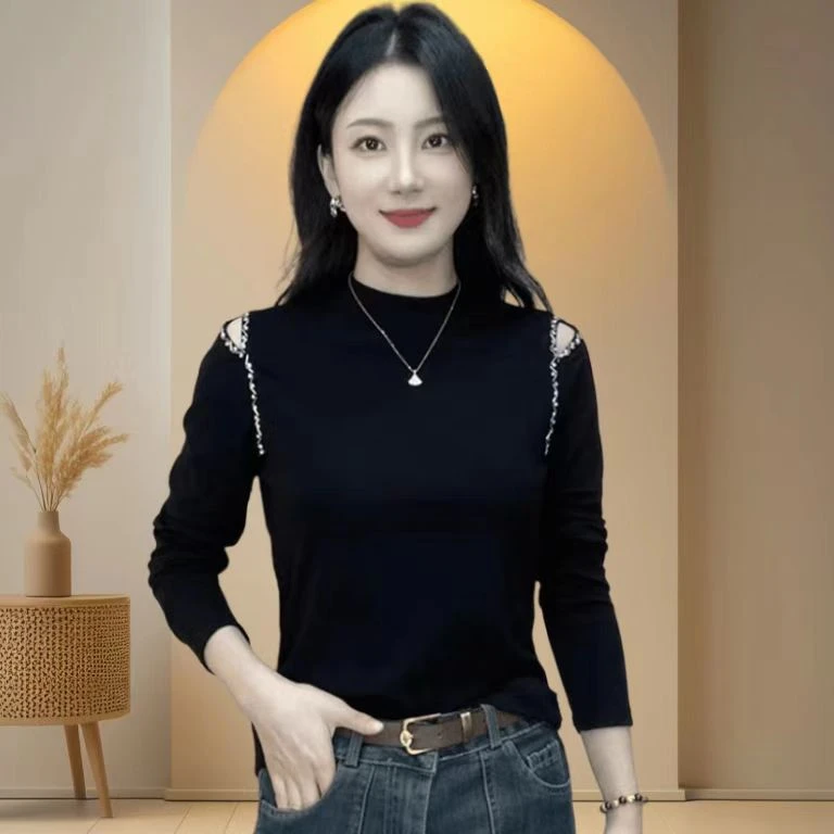 秋季新款镂空串珠半高领长袖t恤显瘦别致内搭打底衫上衣