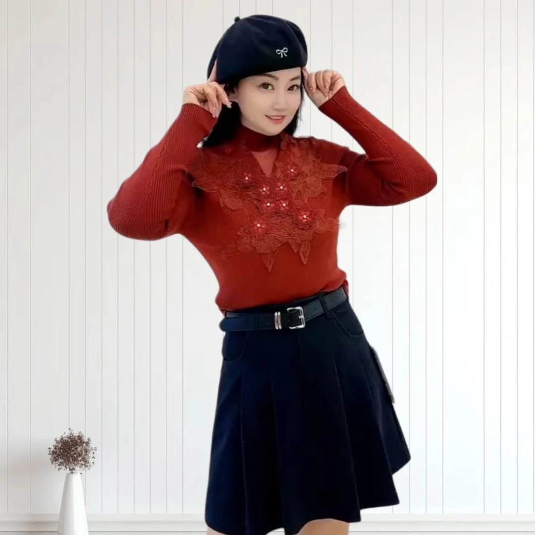 秋冬季新款时尚女士半高领蕾丝提花拼接针织衫