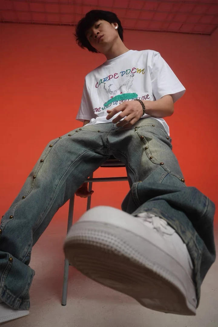 CEDM/CARPEDIME 2023夏季复古洗水微喇铆钉休闲百搭牛仔裤