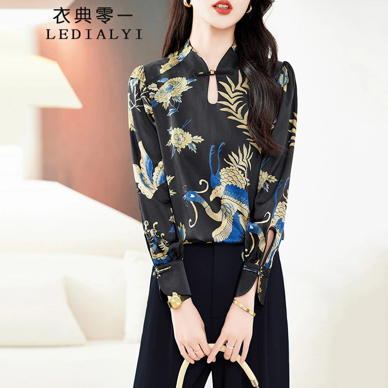高端大牌复古宫廷风重磅真丝衬衫女长袖2024春款新中式桑蚕丝上衣