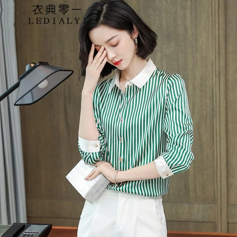 重磅真丝衬衫女春秋季女装气质高端长袖条纹桑蚕丝长袖衬衣上衣