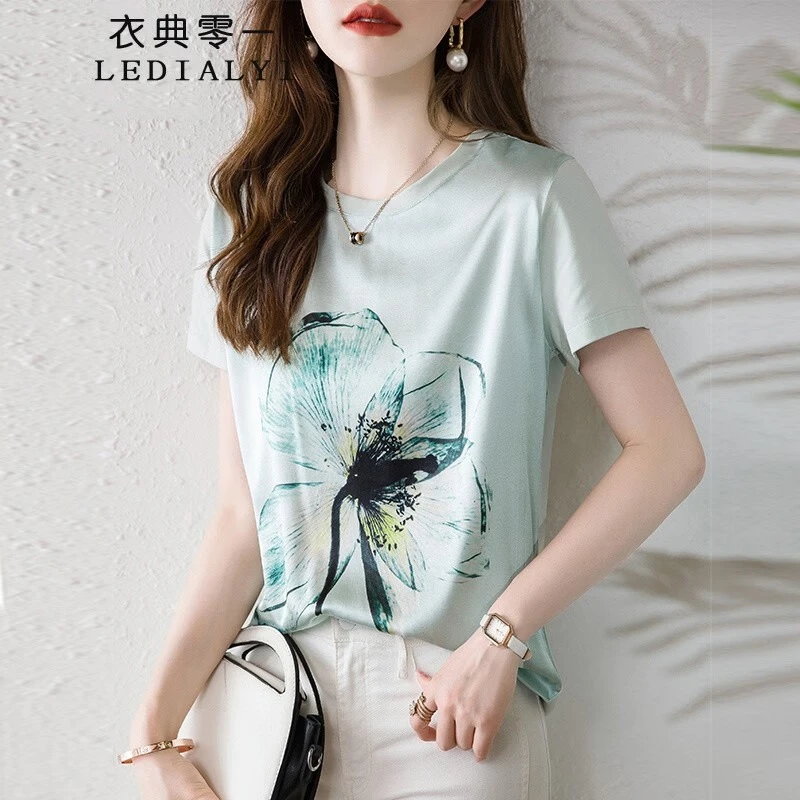 时尚百搭真丝上衣女小众2025夏季新款洋气休闲桑蚕丝白色短袖t恤