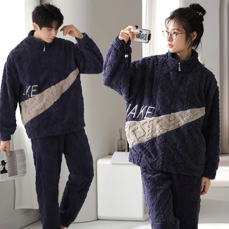 冬季情侣睡衣加绒加厚法兰绒2023新款保暖珊瑚绒家居服套装可外穿