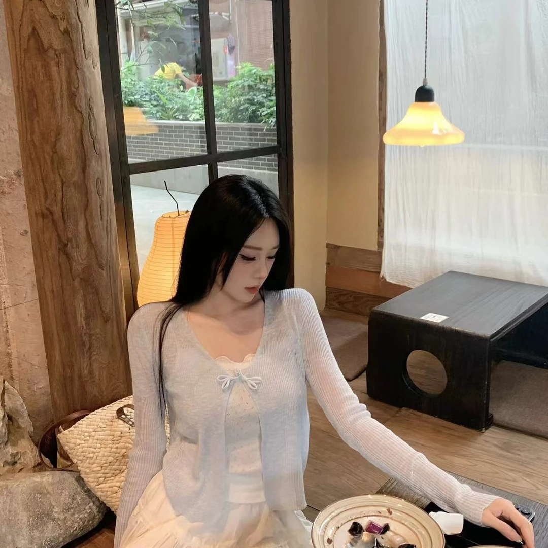 新中式夏季披肩薄款针织开衫女蝴蝶结纽扣坎肩冰丝防晒罩衫