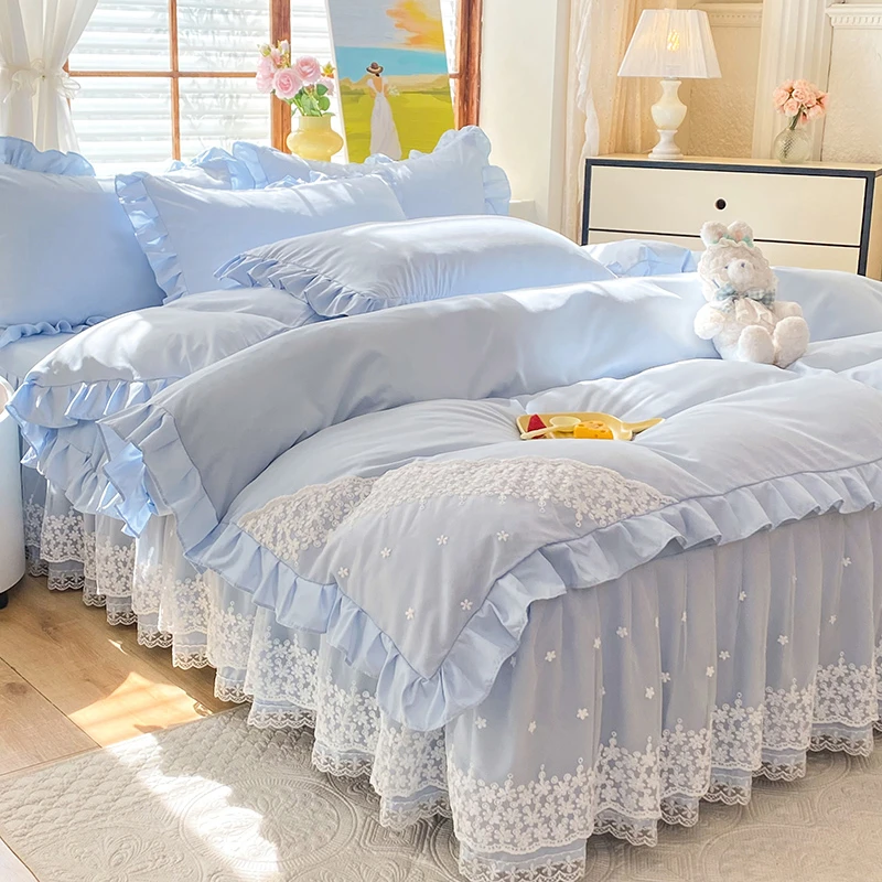 网红高档精品【床裙四件套】刺绣蕾丝被套公主风亲肤棉花边防滑床裙