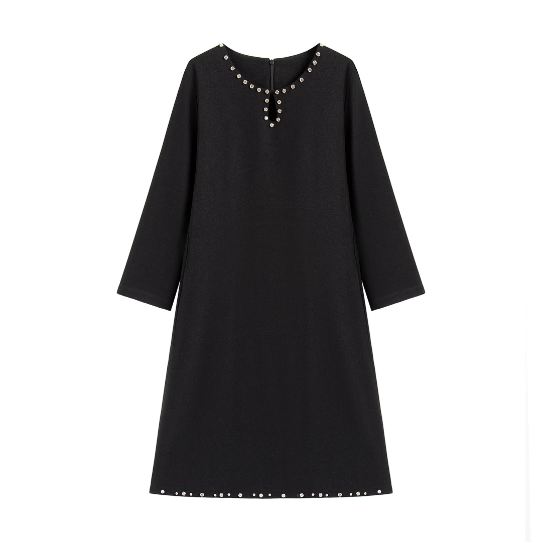 【南油精品】秋季新款钉珠镶钻优雅显瘦连衣裙