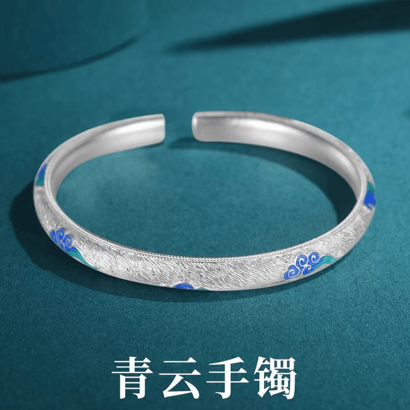 足银珐琅手镯 青云足银999.9手镯古法传承开口手工时尚纯银礼物