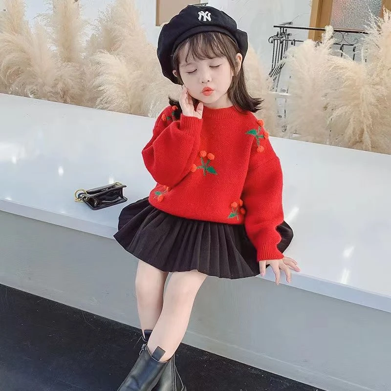 女童毛衣短裙套装上衣新款长袖打底衫女孩洋气加厚秋装外穿针织衫