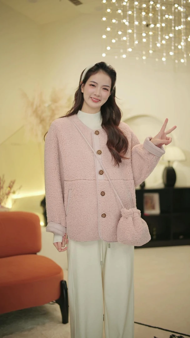 2024秋冬新款毛毛外套韩版宽松休闲口袋小钱袋短外套8861