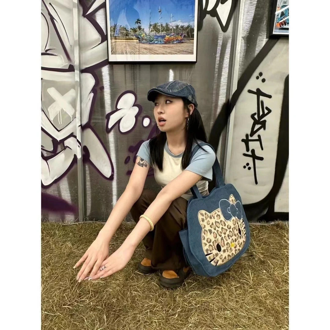 X17新款豹纹kitty单肩包女学生韩版帆布托特包百搭大容量手拎包
