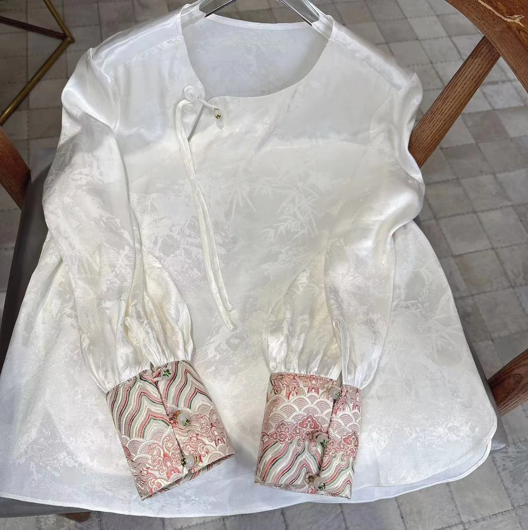 【语辰原创】YC 689 新中式国风刺绣提花拼接气质复古衬衫