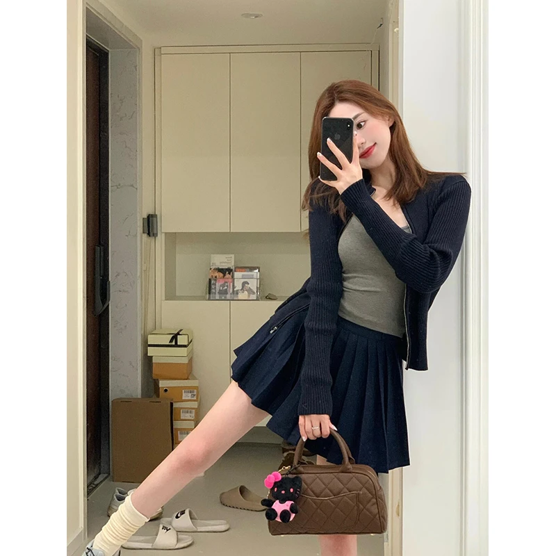 气质减龄学院风套装裙女针织开衫高腰百褶裙慵懒风两件套女2024年