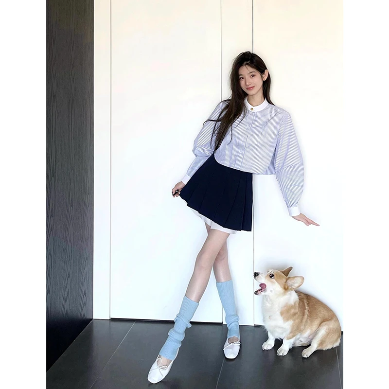 韩系千金套装裙减龄百搭2024秋季新款蓝白条纹两件套女