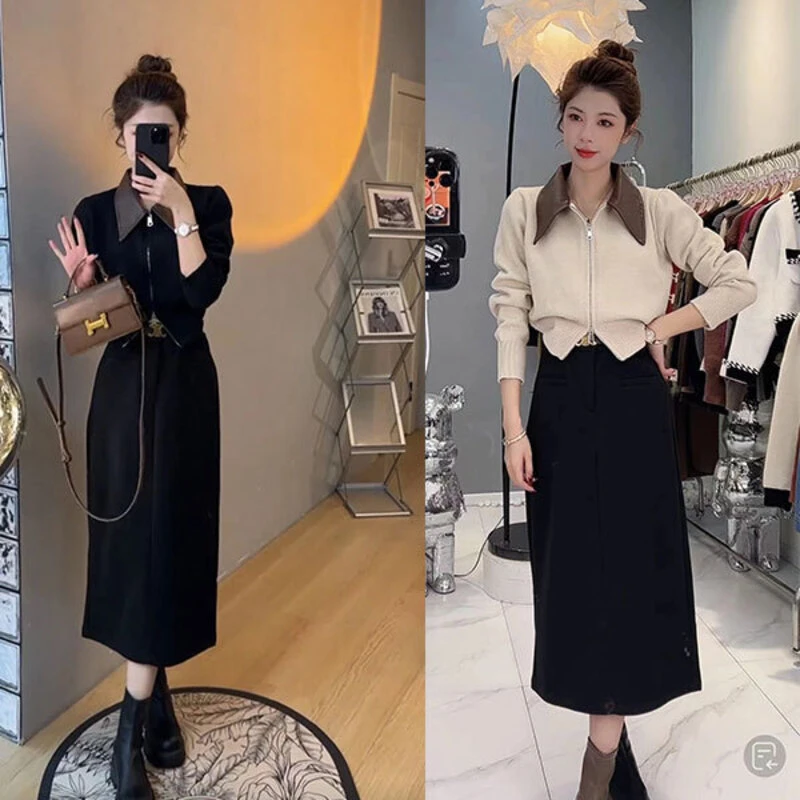 双头拉链开衫皮皮拼接纯色POLO领毛衣+半身裙两件套