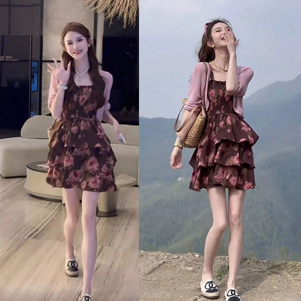 夏季甜美洋气显瘦短款多层碎花连衣裙+开衫套装