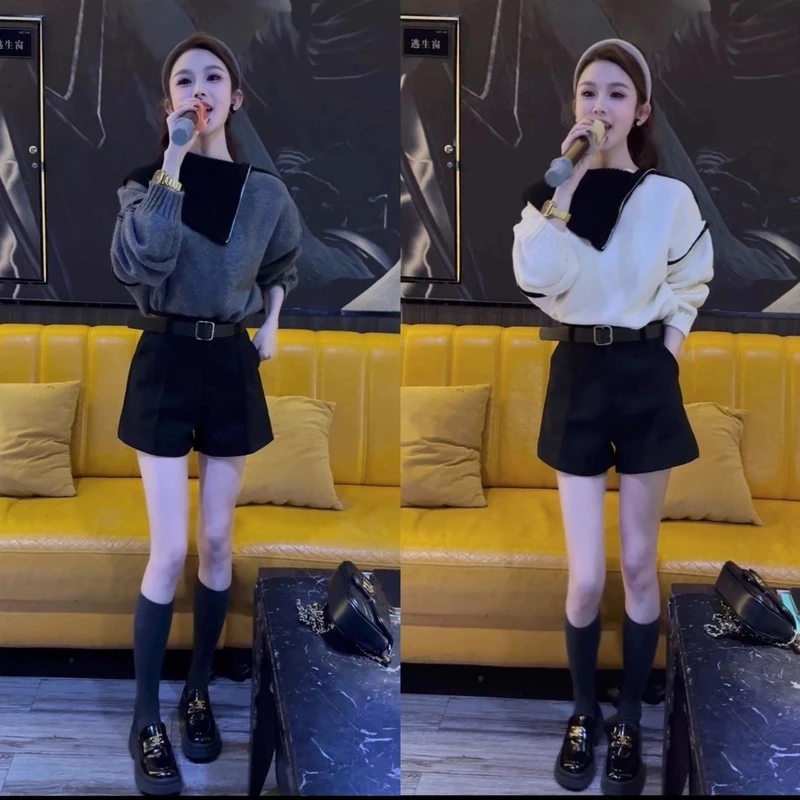 减龄气质拼色不规则拉链设计撞色大翻领露肩针织上衣2024冬季新款