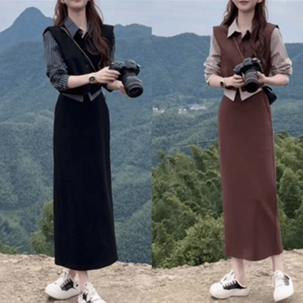 【两件套】女秋季新款时髦气质显瘦高级条纹上衣半身裙时尚套装