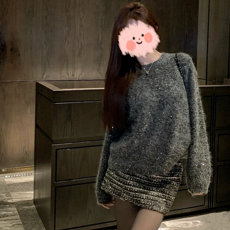 2024冬季新款时尚百搭针织打底衫+设计感气质细闪半裙套装女