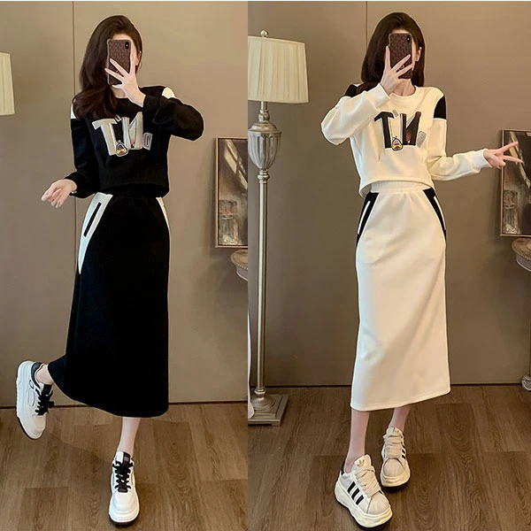 秋季新款时尚休闲套装女气质超显瘦温柔高级感高腰卫衣卫裙两件套