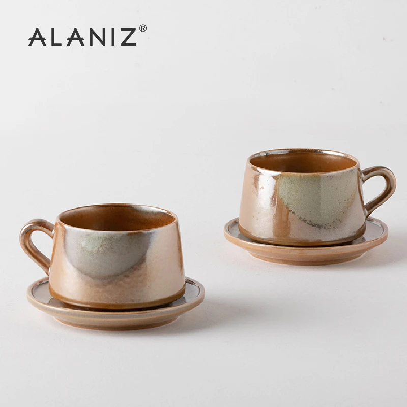 alaniz柴烧冰裂复古咖啡杯碟套装日式陶瓷马克杯单品咖啡杯喝茶杯