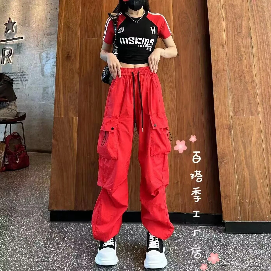 夏季新款工装裤女美式高腰阔腿裤宽松显瘦休闲百搭束脚运动裤子