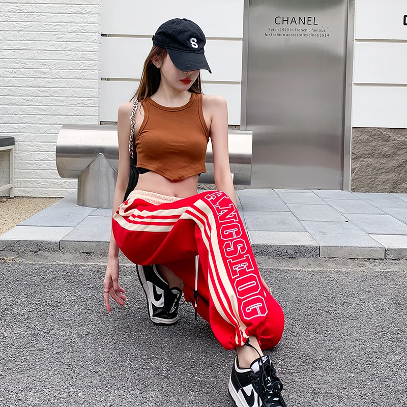 美式侧条纹运动裤女2025秋季新款字母刺绣跳舞高腰垂感休闲阔腿裤