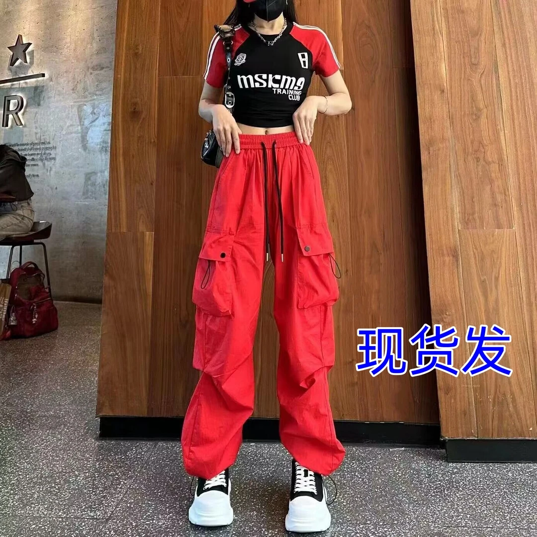 复古工装裤女红色夏季新款宽松显瘦直筒束脚长裤运动美式裤子