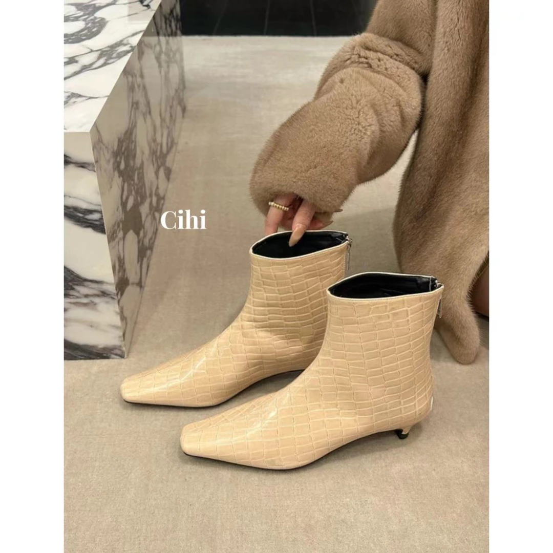 3-Cihi 設計/1-224-老钱风-时髦精石头纹方头漆皮短靴时尚百搭气
