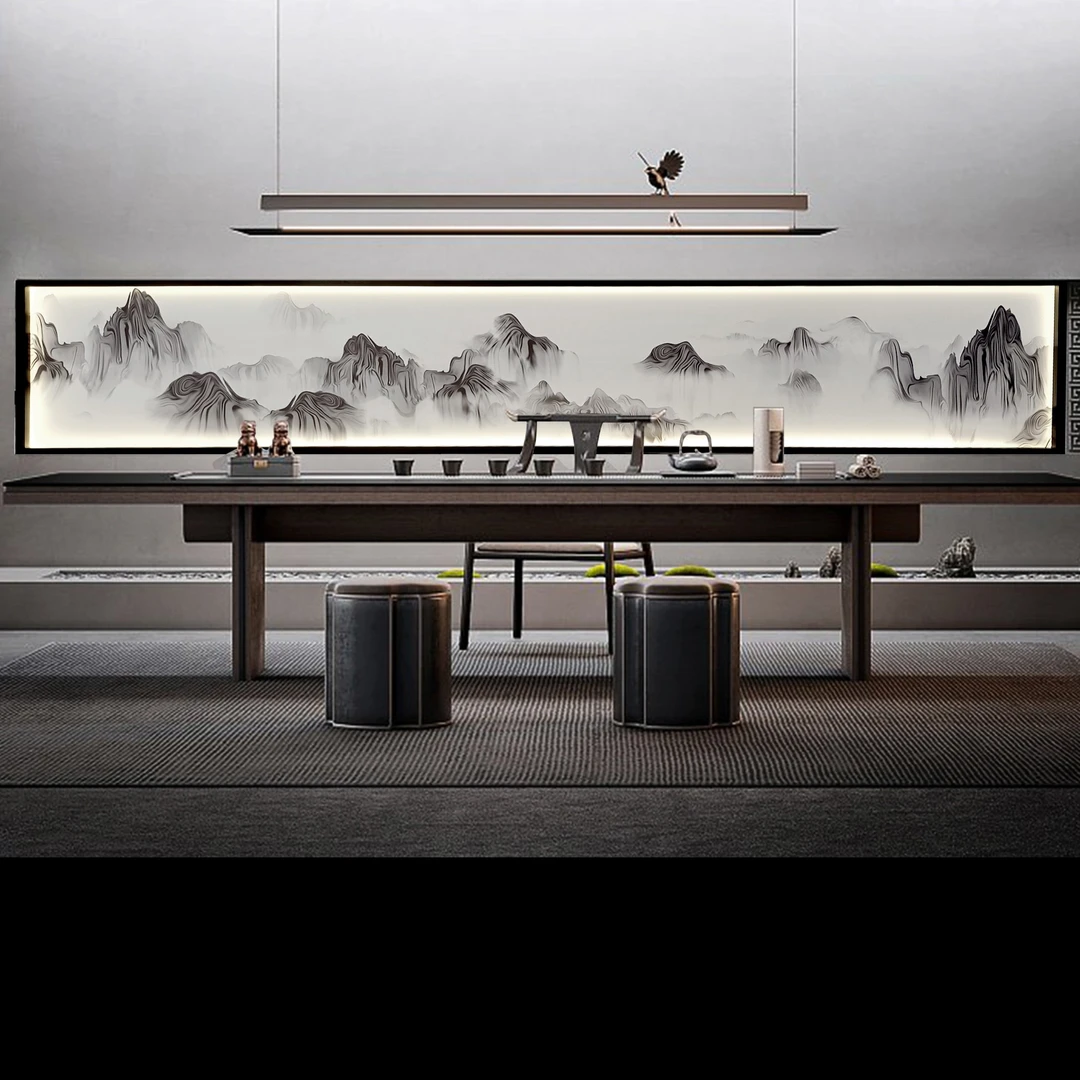 泽木仓新中式横屏丝绢灯屏茶室书房沙发背景酒店会所屏风装饰挂画