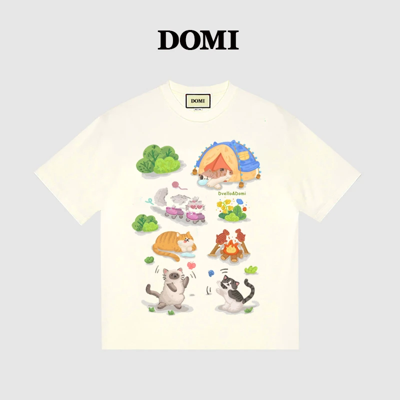 【露营小猫】DOMI 纯棉直喷轻奢宽松短袖T恤百搭休闲圆领女生上衣