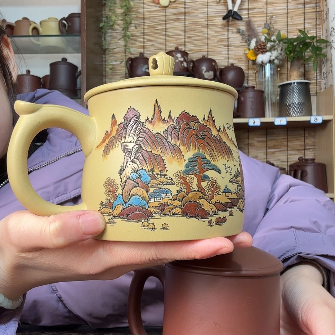 【闪购商品】紫砂茶杯刻彩山水本绿杯