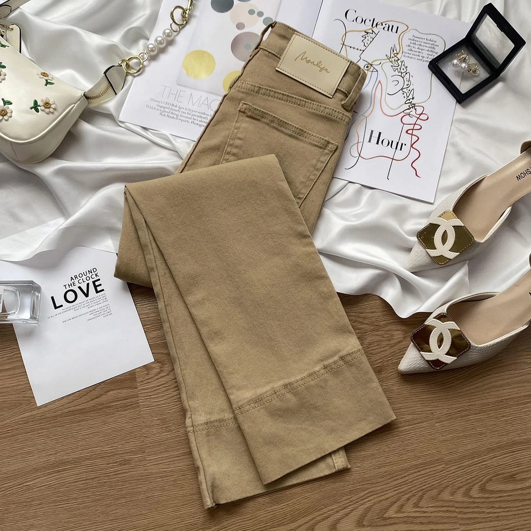 卡其色直筒牛仔裤女秋季2025新款加绒高腰显瘦小个子九分烟管裤子