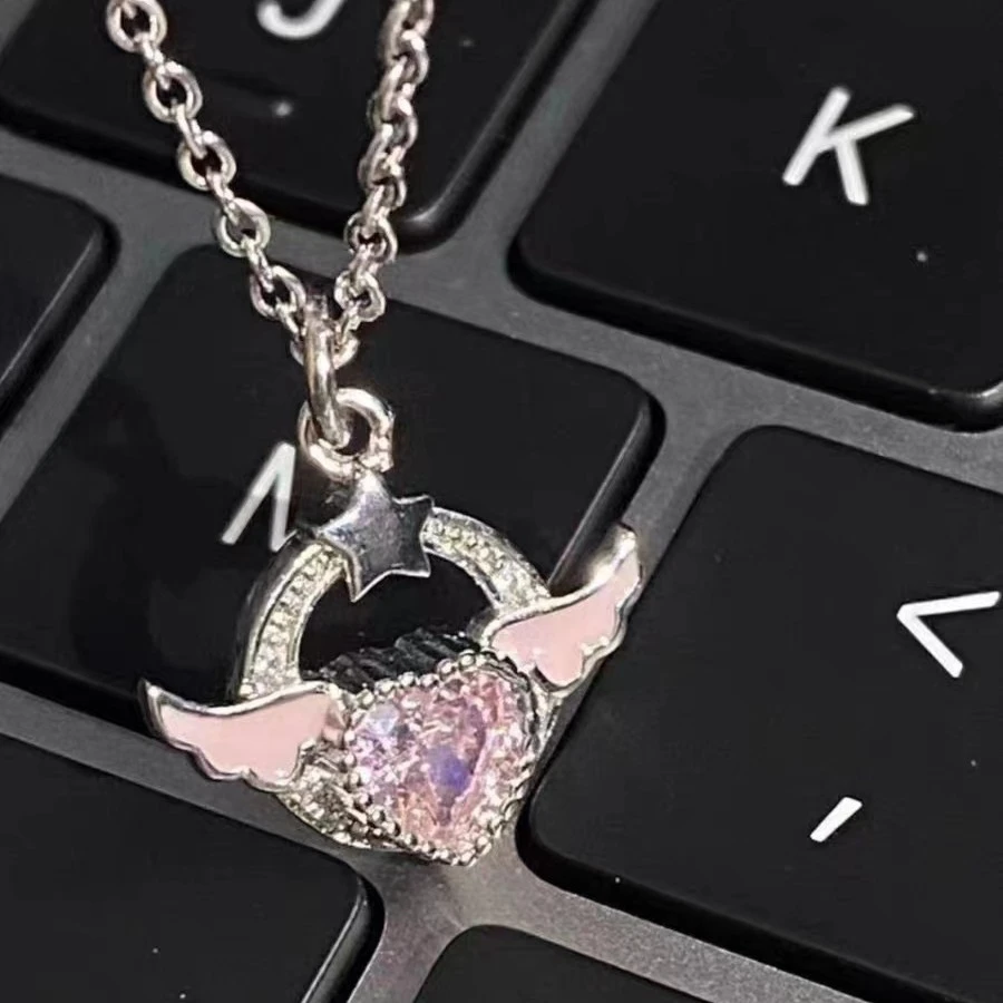 钛钢项链 天使爱心项链ins小众轻奢设计感粉钻翅膀锁骨链简约百搭