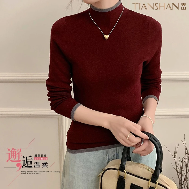 天山2025年春季女式精纺羊毛高级感安哥拉红针织半高领打底衫