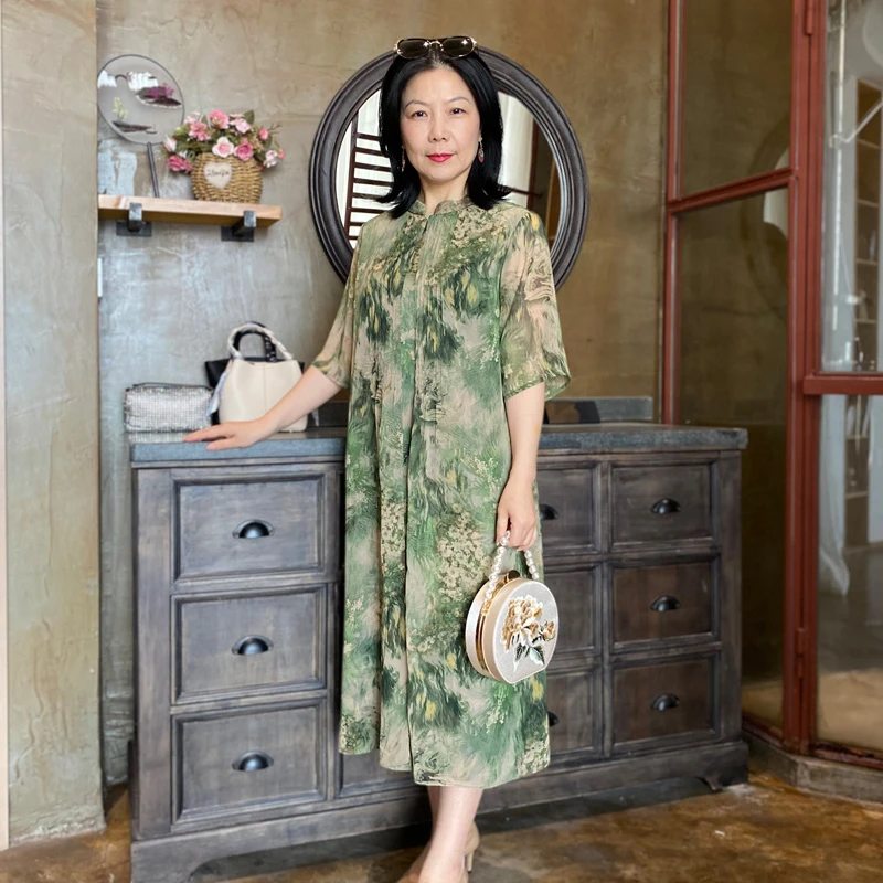 （苏堤春晓）国风中式小立领气质高贵优雅碎花妈妈宽松连衣裙2390