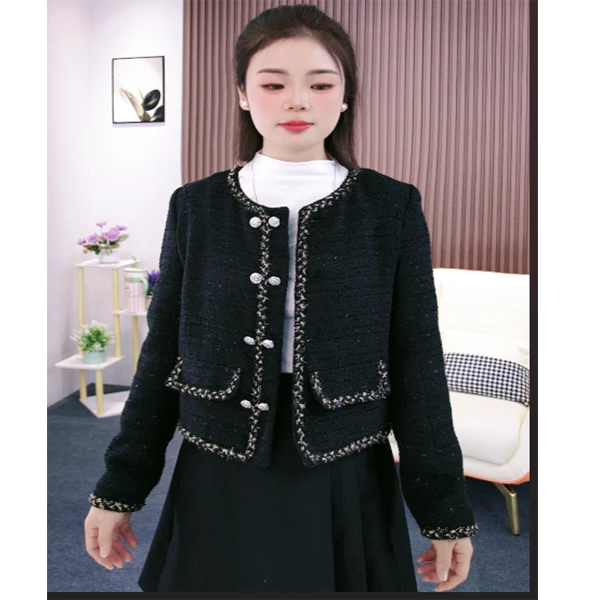 新款时尚气质小香风粗花呢双排扣短外套女法式名媛显瘦秋冬上衣