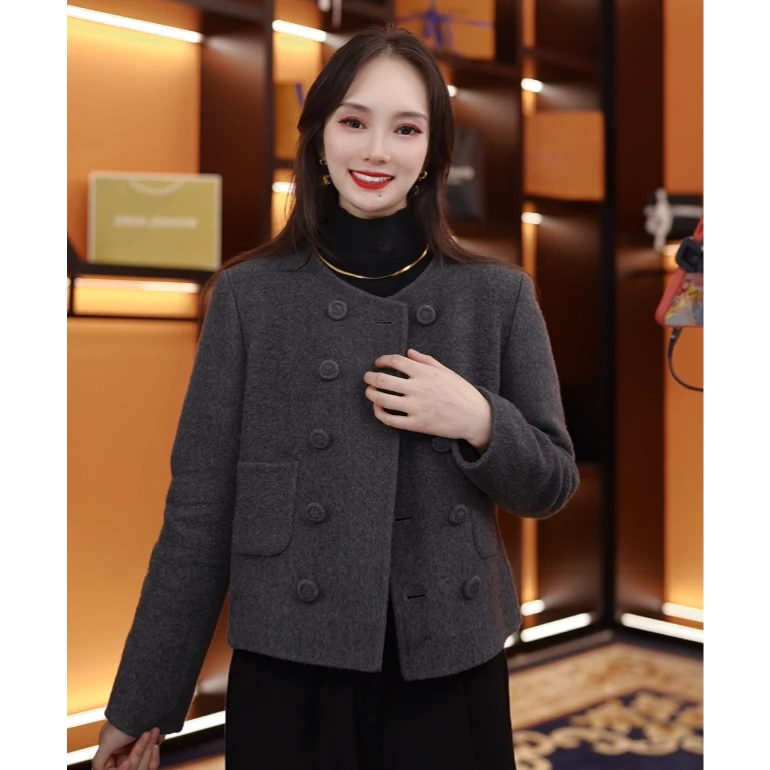 2024春秋新款小个子圆领复古十粒扣气质外套长袖双面大衣短款1041