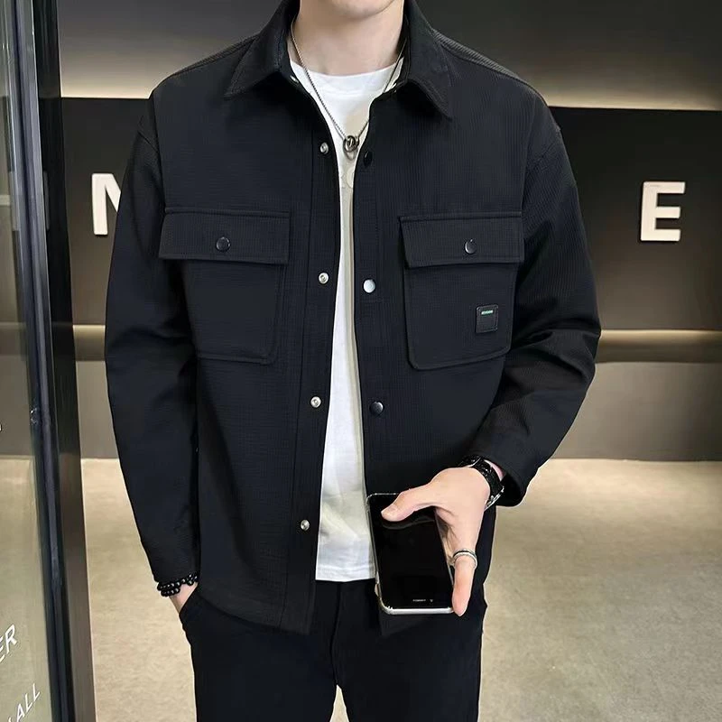 男士新款时尚秋季2024新款翻领高端夹克修身潮牌男装休闲衬衫外套