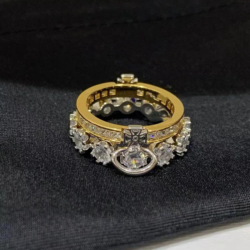 QIANSHI/牵饰 铜合金戒指 轻奢西太后土星镶嵌闪钻皇冠开口戒指