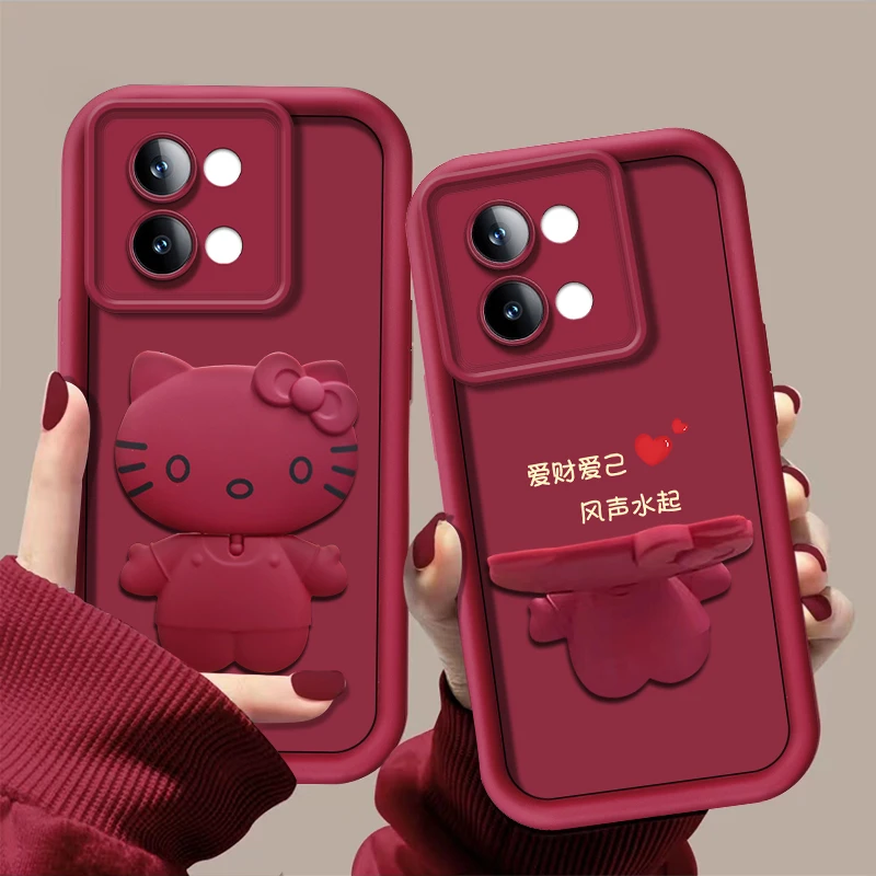 爱财爱己【VIVOS18E】手机壳猫咪支架酒红色创意可爱卡通旋转防摔女