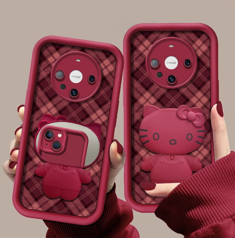 适用于【华为mate60pro+】秋冬新款小羊皮布纹猫咪支架全包手机壳女