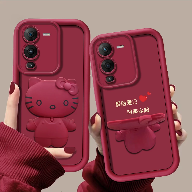 爱财爱己【vivos15pro】手机壳猫咪支架酒红色可爱卡通全包防摔女款