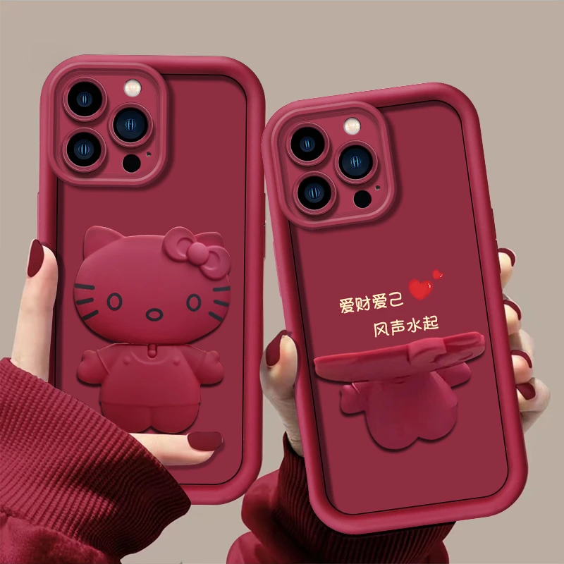 爱财爱己【苹果14promax】手机壳猫咪支架酒红可爱卡通全包防摔女款
